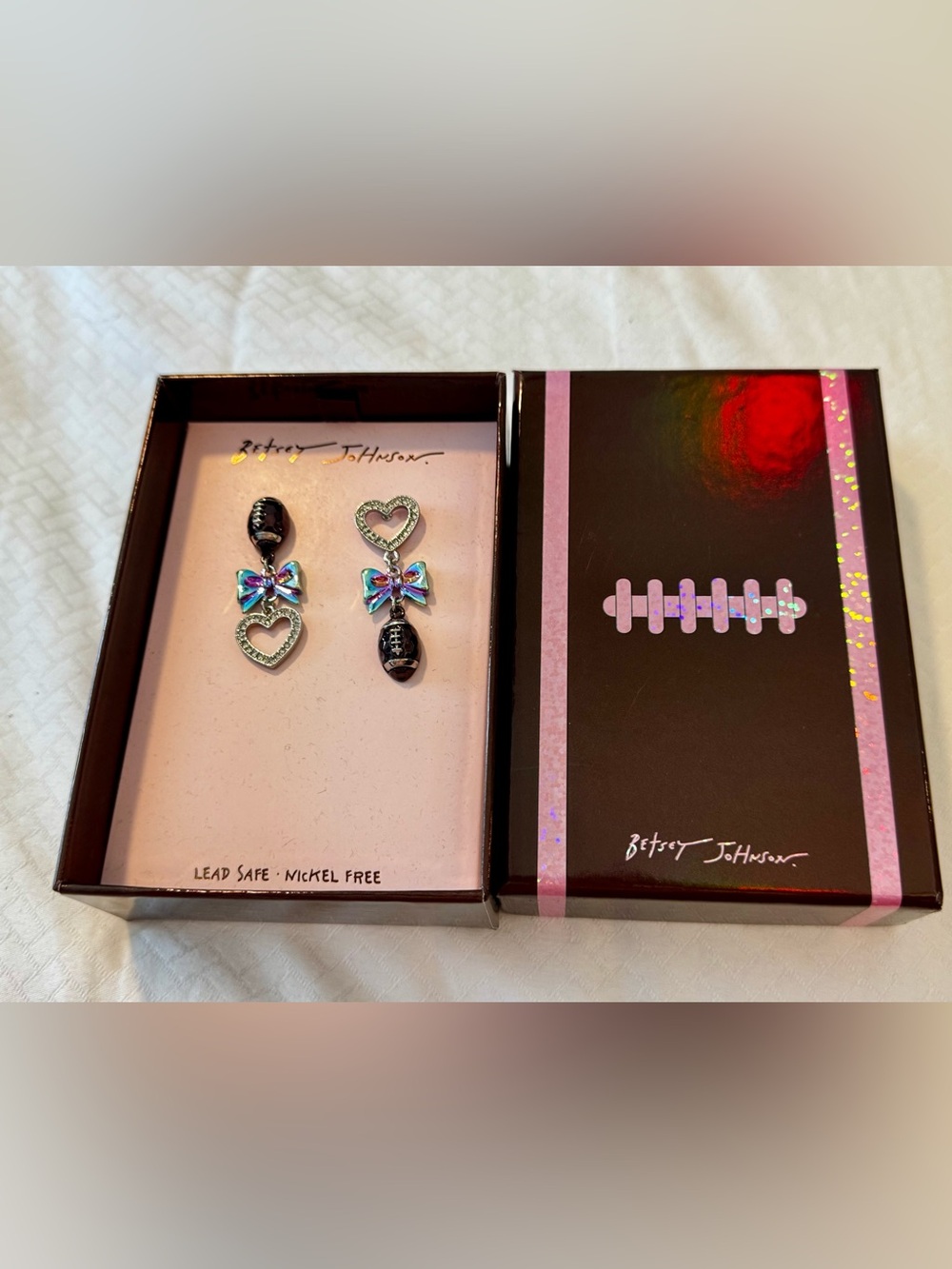 Betsey Johnson Football, Heart, and Bow Dangle Earrings